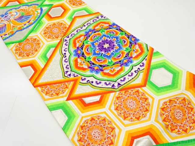 アンティーク　亀甲に華紋・向かい鳳凰模様織り出し袋帯(着用可)